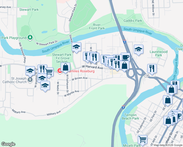 map of restaurants, bars, coffee shops, grocery stores, and more near 1225 West Rosemond Avenue in Roseburg