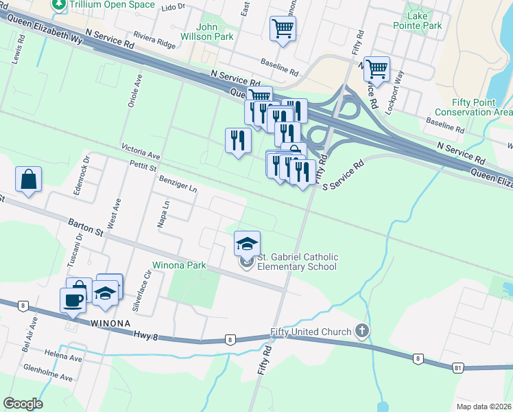 map of restaurants, bars, coffee shops, grocery stores, and more near 83 Pinot Crescent in Hamilton