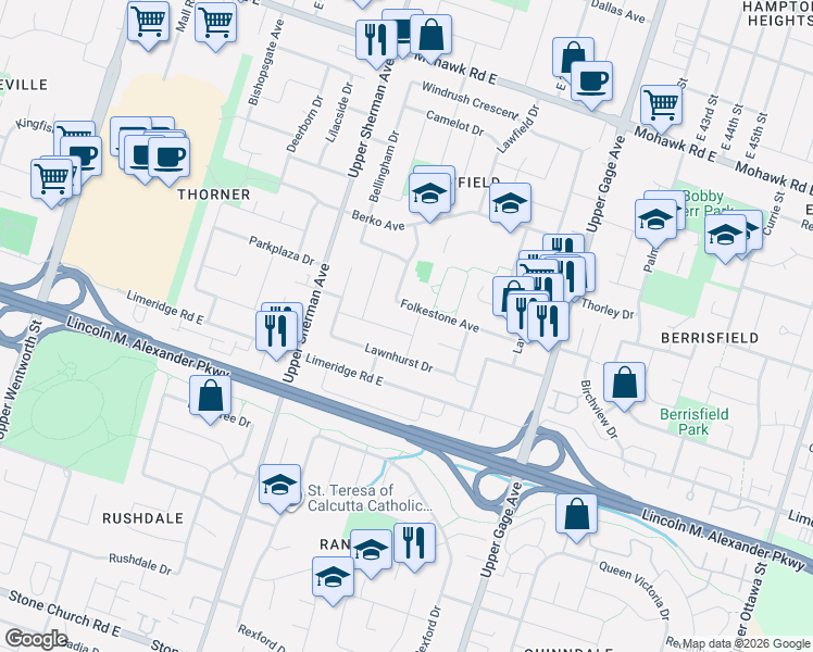 map of restaurants, bars, coffee shops, grocery stores, and more near 6 Lesterwood Street in Hamilton