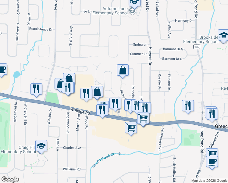 map of restaurants, bars, coffee shops, grocery stores, and more near 50 Flower Dale Drive in Rochester