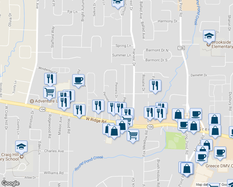 map of restaurants, bars, coffee shops, grocery stores, and more near 51 Pennels Drive in Greece