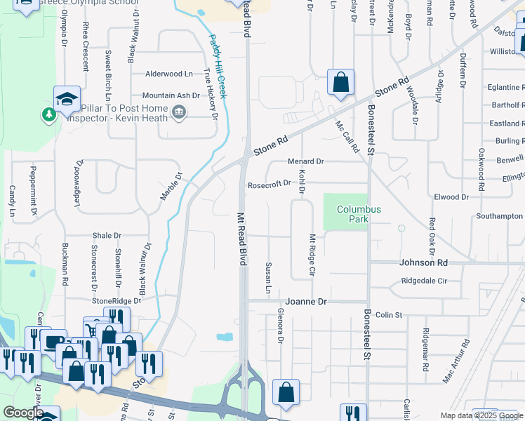 map of restaurants, bars, coffee shops, grocery stores, and more near 274 Susan Lane in Rochester