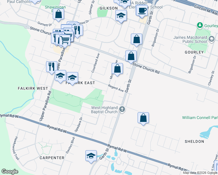 map of restaurants, bars, coffee shops, grocery stores, and more near 57 Regent Avenue in Hamilton