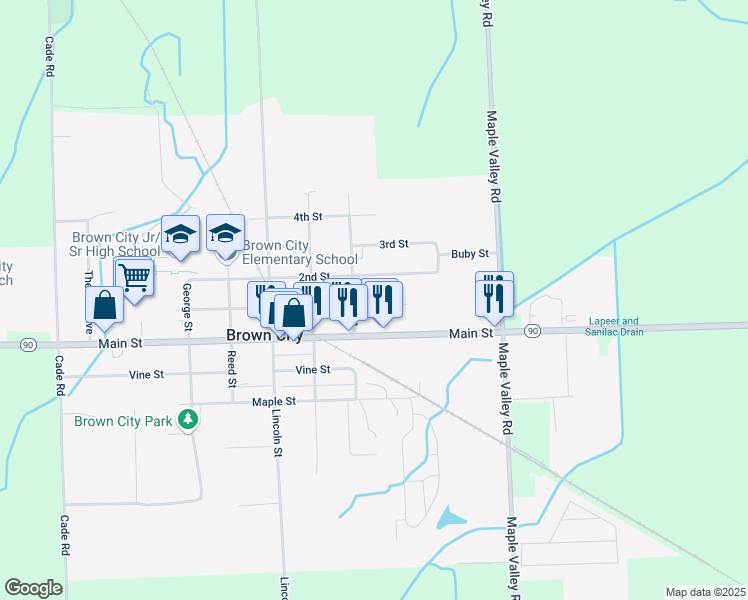 map of restaurants, bars, coffee shops, grocery stores, and more near 4100 1st Street in Brown City