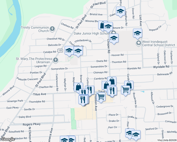 map of restaurants, bars, coffee shops, grocery stores, and more near 137 Curtice Road in Rochester