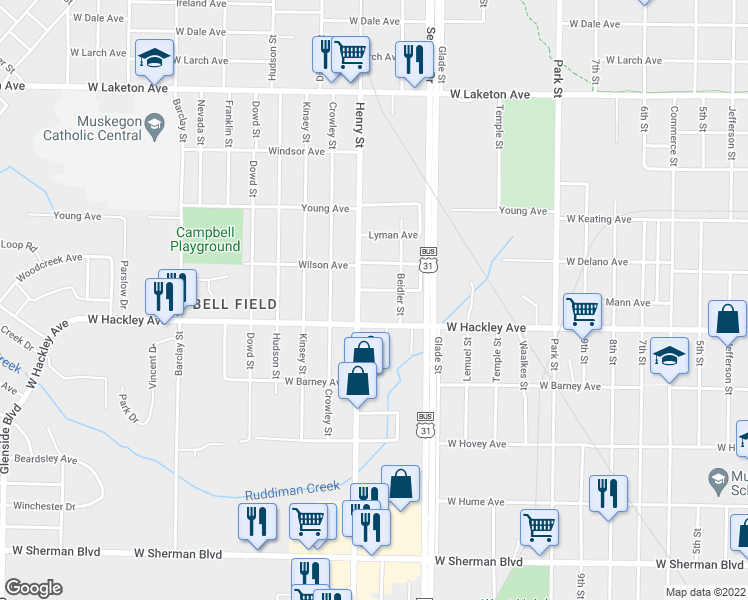 map of restaurants, bars, coffee shops, grocery stores, and more near 2160 Henry Street in Muskegon