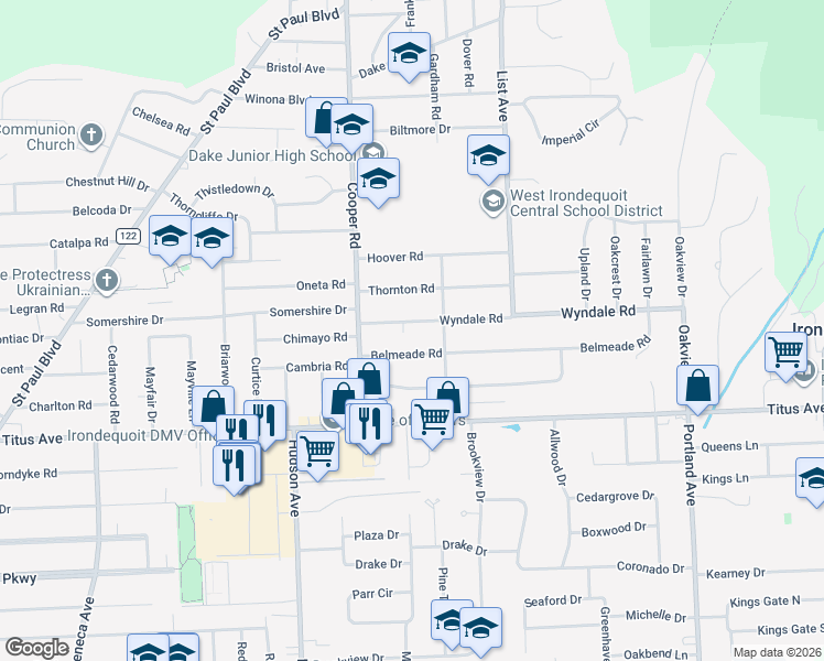map of restaurants, bars, coffee shops, grocery stores, and more near 67 Wyndale Road in Rochester