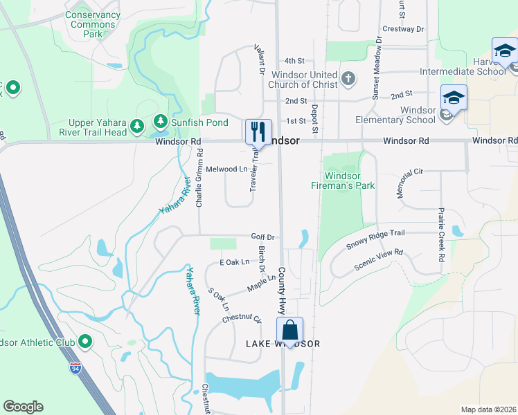 map of restaurants, bars, coffee shops, grocery stores, and more near 6641 Traveler Trail in Windsor