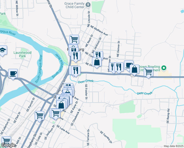 map of restaurants, bars, coffee shops, grocery stores, and more near 1561 Northeast Diamond Lake Boulevard in Roseburg