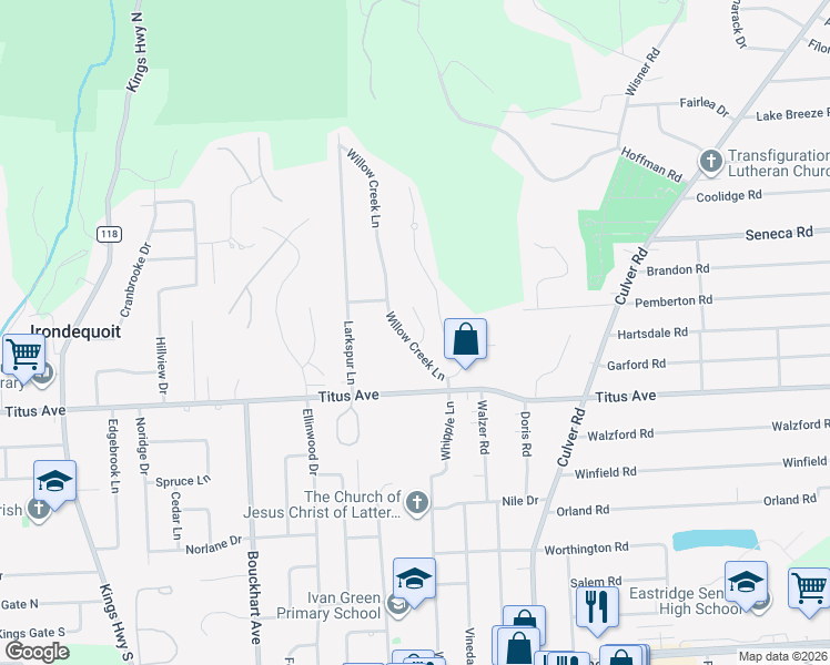 map of restaurants, bars, coffee shops, grocery stores, and more near 25 Sedgefield Court in Irondequoit