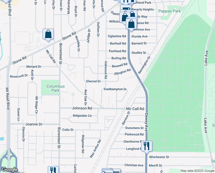 map of restaurants, bars, coffee shops, grocery stores, and more near 106 Oakwood Road in Rochester