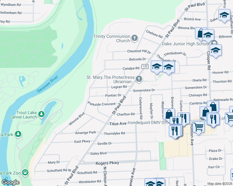 map of restaurants, bars, coffee shops, grocery stores, and more near 124 Pontiac Drive in Rochester