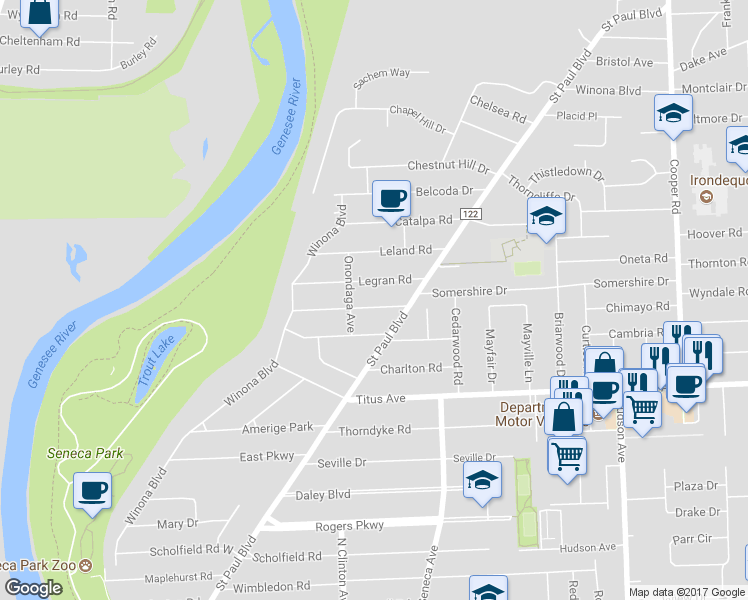 map of restaurants, bars, coffee shops, grocery stores, and more near 124 Pontiac Drive in Rochester