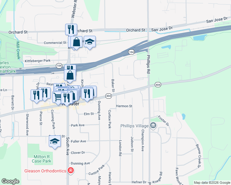 map of restaurants, bars, coffee shops, grocery stores, and more near 25 Baker Street in Webster