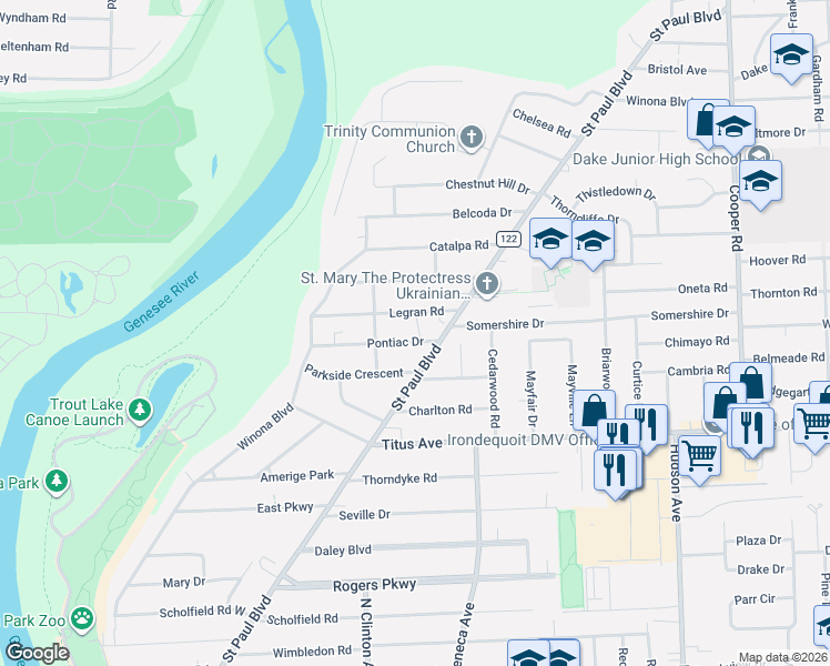 map of restaurants, bars, coffee shops, grocery stores, and more near 124 Pontiac Drive in Rochester