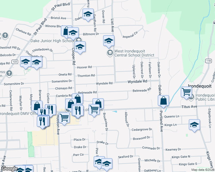 map of restaurants, bars, coffee shops, grocery stores, and more near 175 Wyndale Road in Rochester