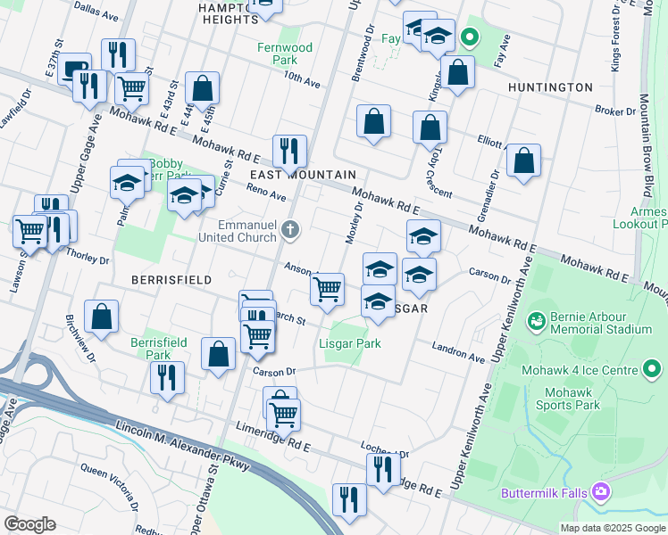 map of restaurants, bars, coffee shops, grocery stores, and more near in Hamilton