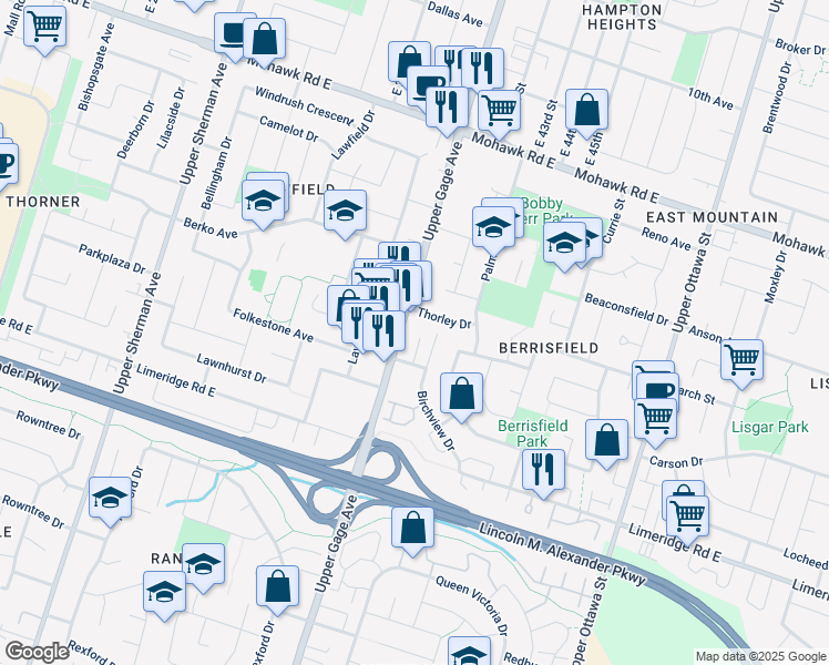 map of restaurants, bars, coffee shops, grocery stores, and more near 1015 Upper Gage Avenue in Hamilton
