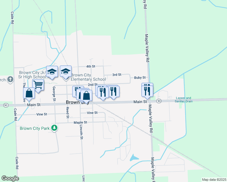 map of restaurants, bars, coffee shops, grocery stores, and more near 4100 1st Street in Brown City