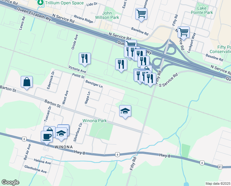 map of restaurants, bars, coffee shops, grocery stores, and more near in Hamilton
