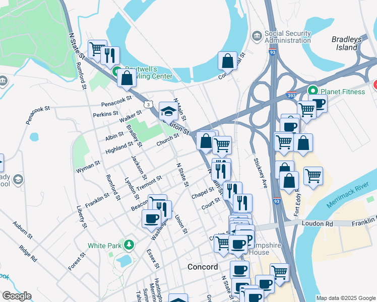 map of restaurants, bars, coffee shops, grocery stores, and more near 6 Franklin Street in Concord