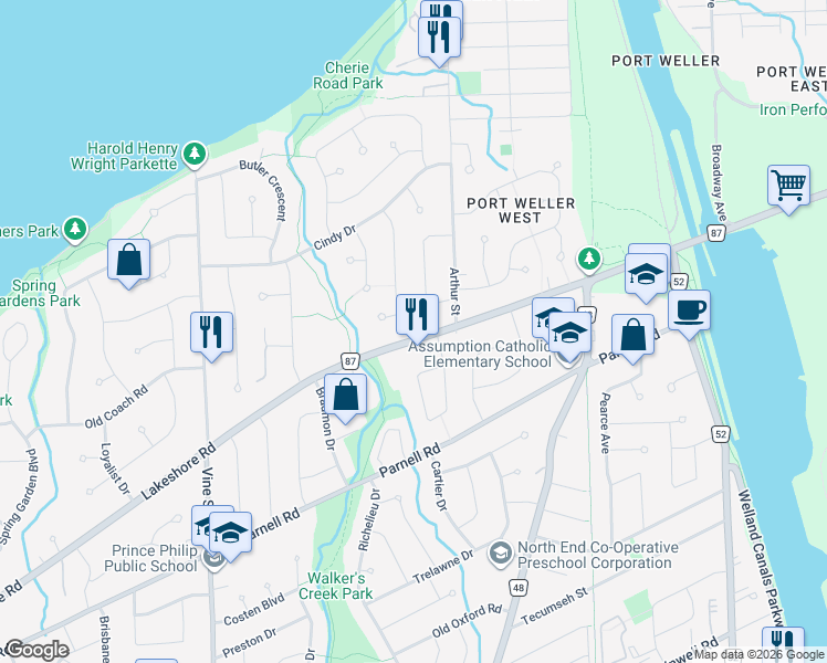 map of restaurants, bars, coffee shops, grocery stores, and more near 269 Lakeshore Road in St. Catharines