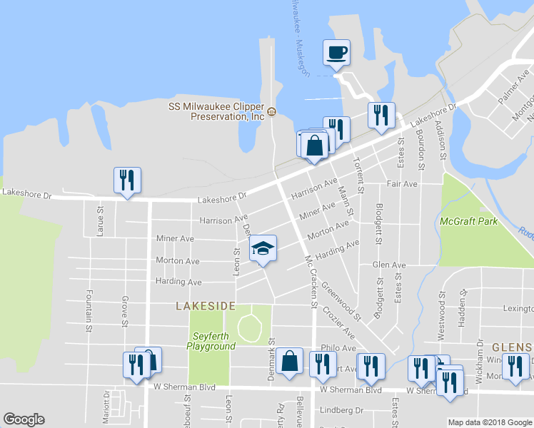 map of restaurants, bars, coffee shops, grocery stores, and more near 2125 Harrison Avenue in Muskegon