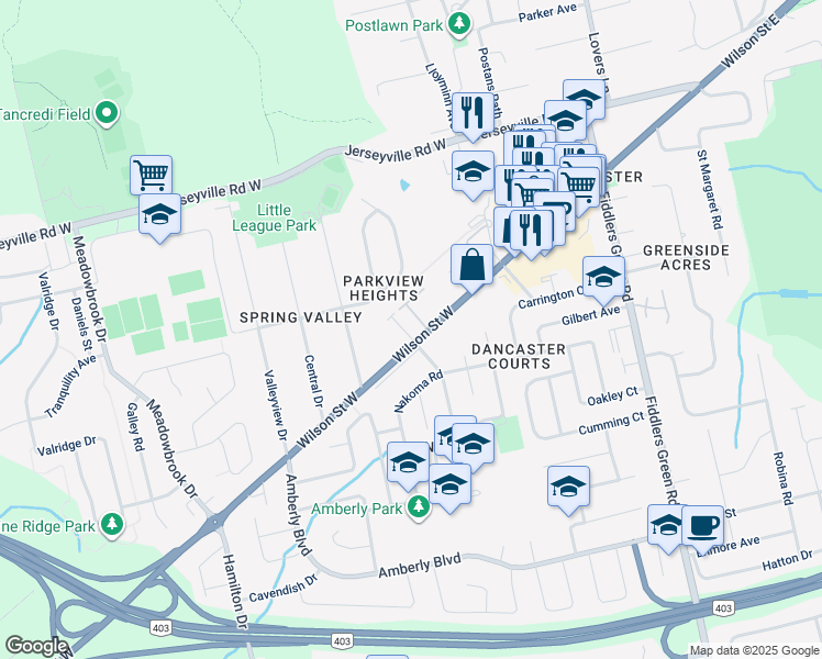 map of restaurants, bars, coffee shops, grocery stores, and more near 187 Wilson Street West in Hamilton