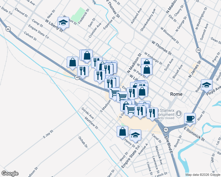 map of restaurants, bars, coffee shops, grocery stores, and more near 106 South Madison Street in Rome