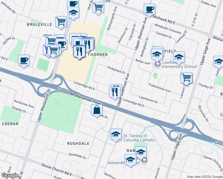 map of restaurants, bars, coffee shops, grocery stores, and more near 254 Parkwood Crescent in Hamilton