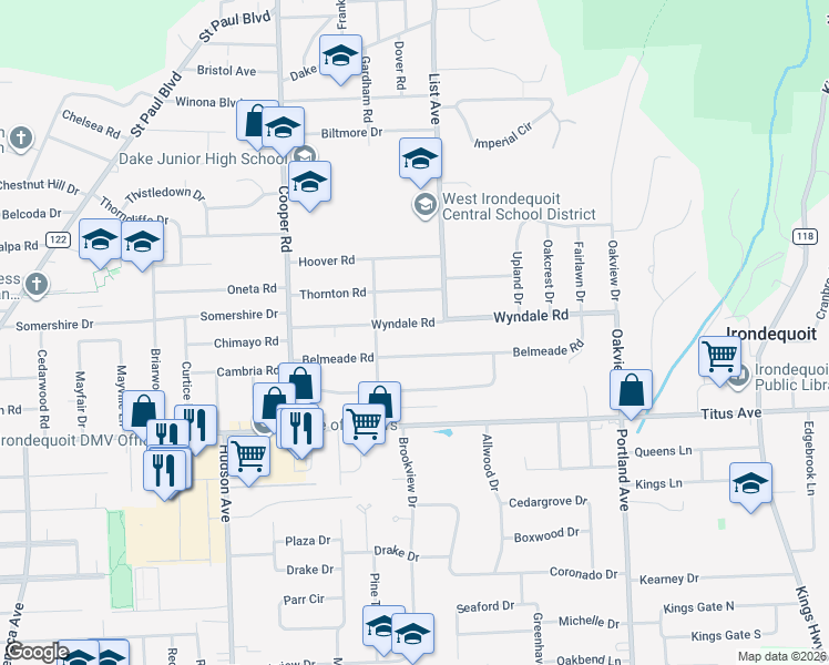map of restaurants, bars, coffee shops, grocery stores, and more near 175 Wyndale Road in Rochester