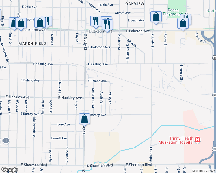 map of restaurants, bars, coffee shops, grocery stores, and more near 2131 Valley Street in Norton Shores