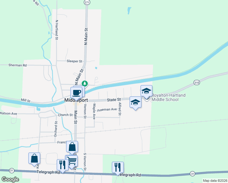 map of restaurants, bars, coffee shops, grocery stores, and more near 7 William St in Middleport