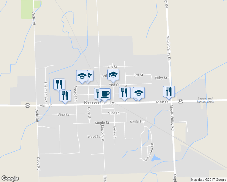 map of restaurants, bars, coffee shops, grocery stores, and more near 6933 James Street in Brown City