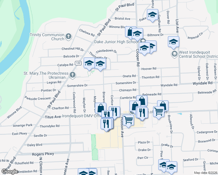 map of restaurants, bars, coffee shops, grocery stores, and more near 137 Curtice Rd in Rochester