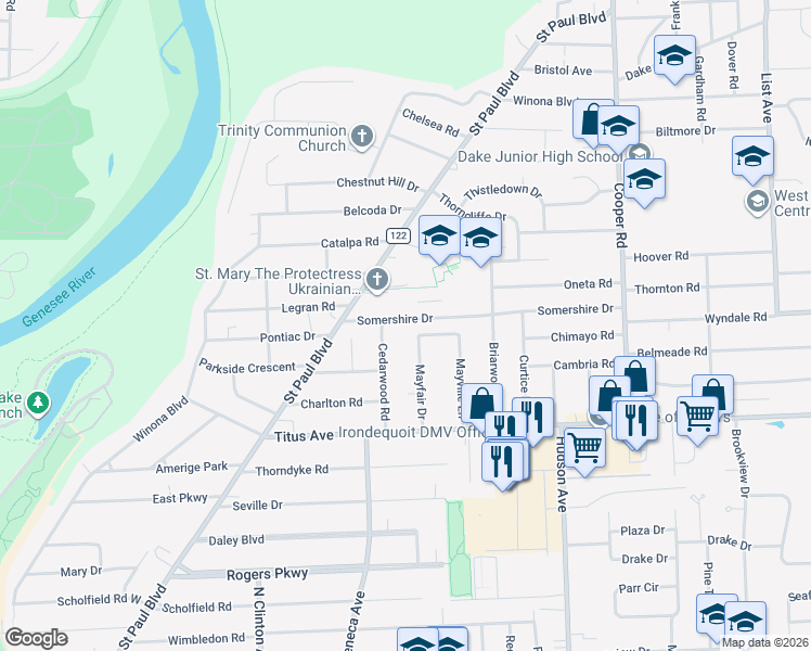 map of restaurants, bars, coffee shops, grocery stores, and more near 87 Somershire Drive in Irondequoit