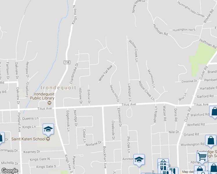 map of restaurants, bars, coffee shops, grocery stores, and more near 85 Sewilo Hills Drive in Rochester