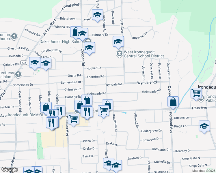 map of restaurants, bars, coffee shops, grocery stores, and more near 123 Wyndale Road in Irondequoit