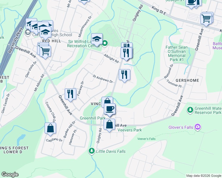 map of restaurants, bars, coffee shops, grocery stores, and more near 392 Saint Andrews Drive in Hamilton
