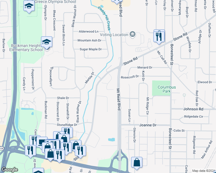 map of restaurants, bars, coffee shops, grocery stores, and more near 41 Old Stone Lane in Rochester