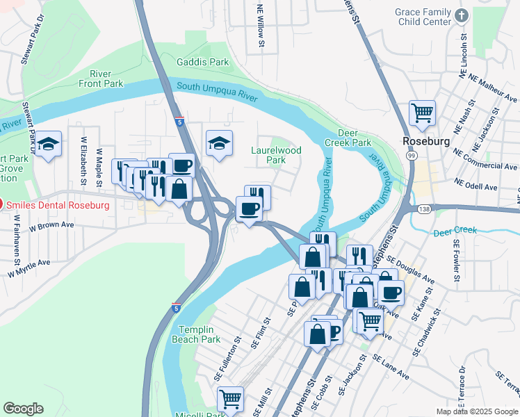 map of restaurants, bars, coffee shops, grocery stores, and more near 610 West Madrone Street in Roseburg