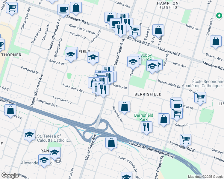 map of restaurants, bars, coffee shops, grocery stores, and more near 1015 Upper Gage Avenue in Hamilton