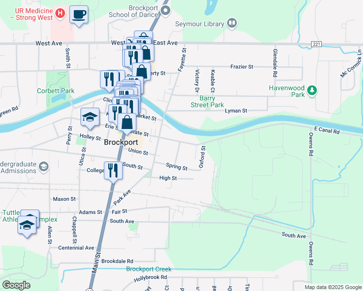 map of restaurants, bars, coffee shops, grocery stores, and more near 108 State Street in Brockport