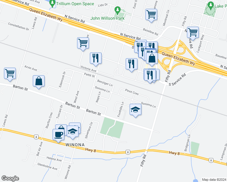 map of restaurants, bars, coffee shops, grocery stores, and more near 84 Benziger Lane in Hamilton