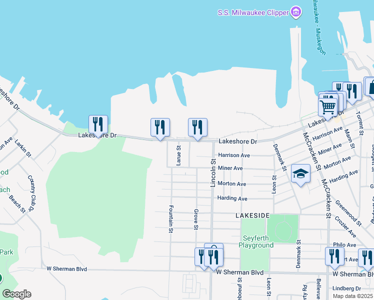 map of restaurants, bars, coffee shops, grocery stores, and more near 2187 Clifford Street in Muskegon