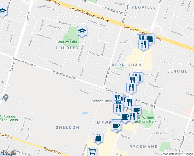 map of restaurants, bars, coffee shops, grocery stores, and more near 195 Annabelle Street in Hamilton