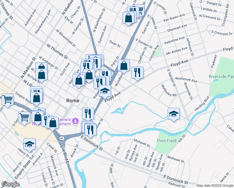 map of restaurants, bars, coffee shops, grocery stores, and more near 419 Floyd Avenue in Rome
