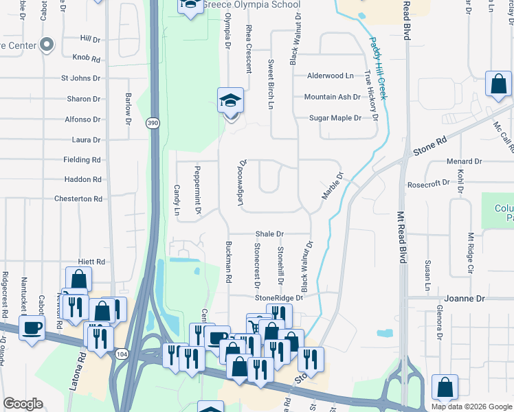 map of restaurants, bars, coffee shops, grocery stores, and more near 96 Ledgewood Drive in Rochester
