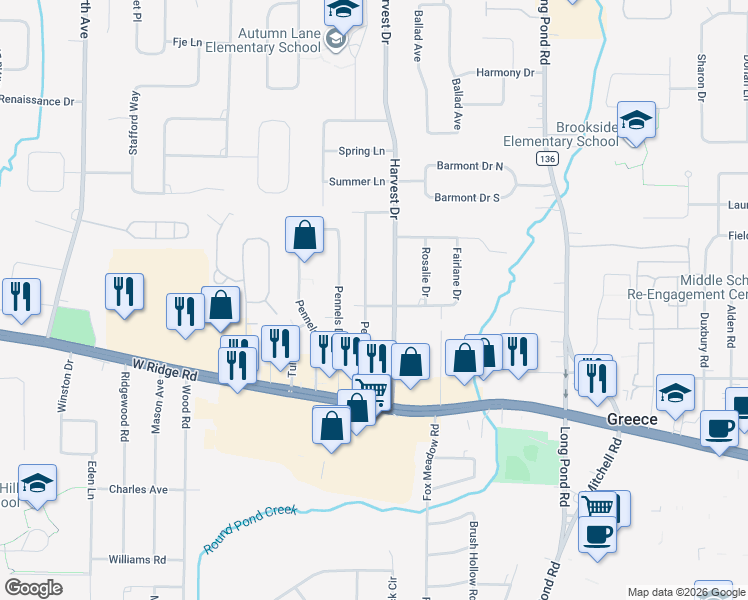 map of restaurants, bars, coffee shops, grocery stores, and more near 152 Pepperidge Drive in Rochester