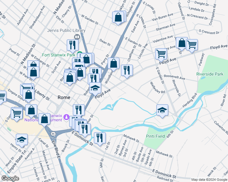 map of restaurants, bars, coffee shops, grocery stores, and more near 400-402 Myrtle Street in Rome